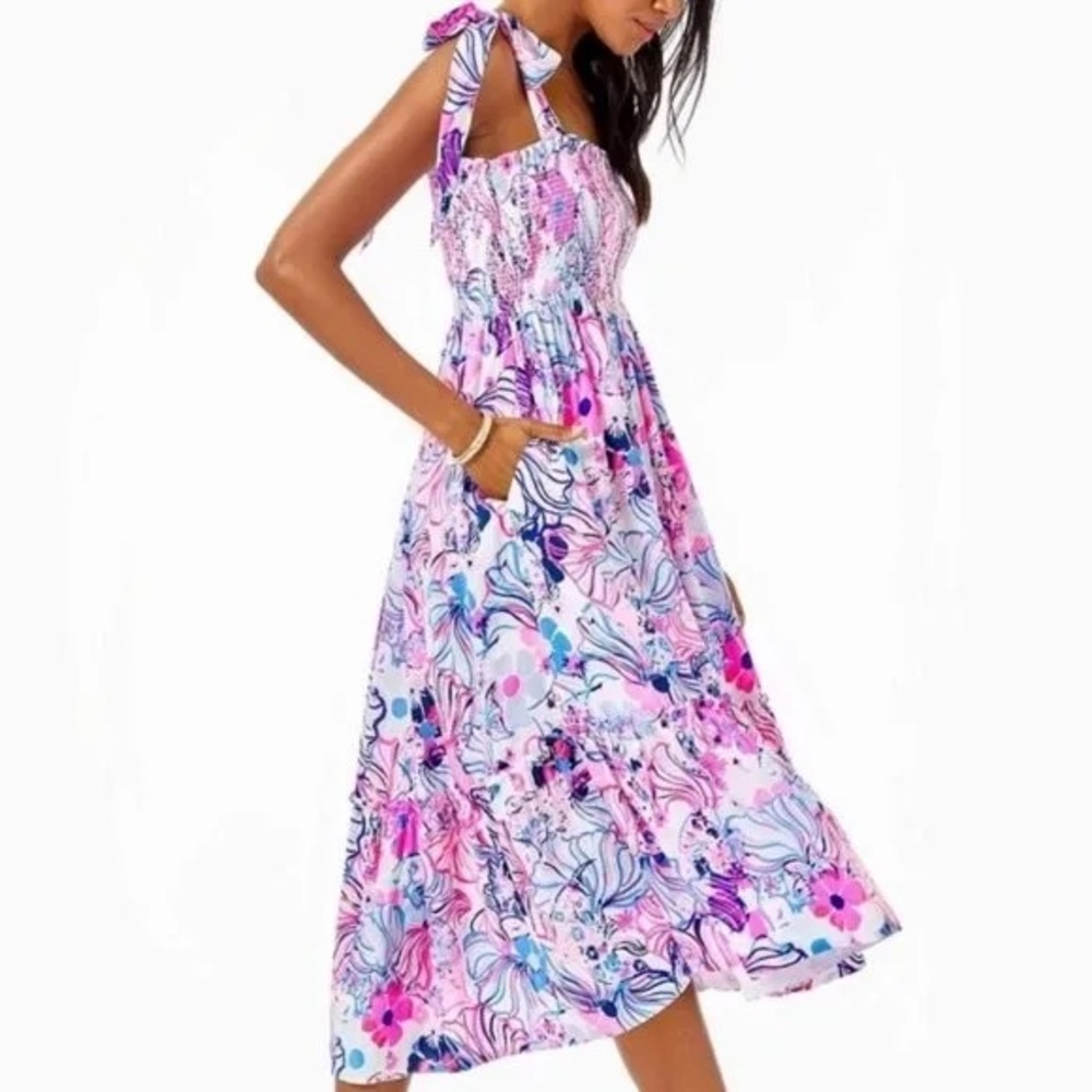 Lilly Pulitzer Rivera Smocked Adjustable Strap Midi Dress in Make a Splash Print